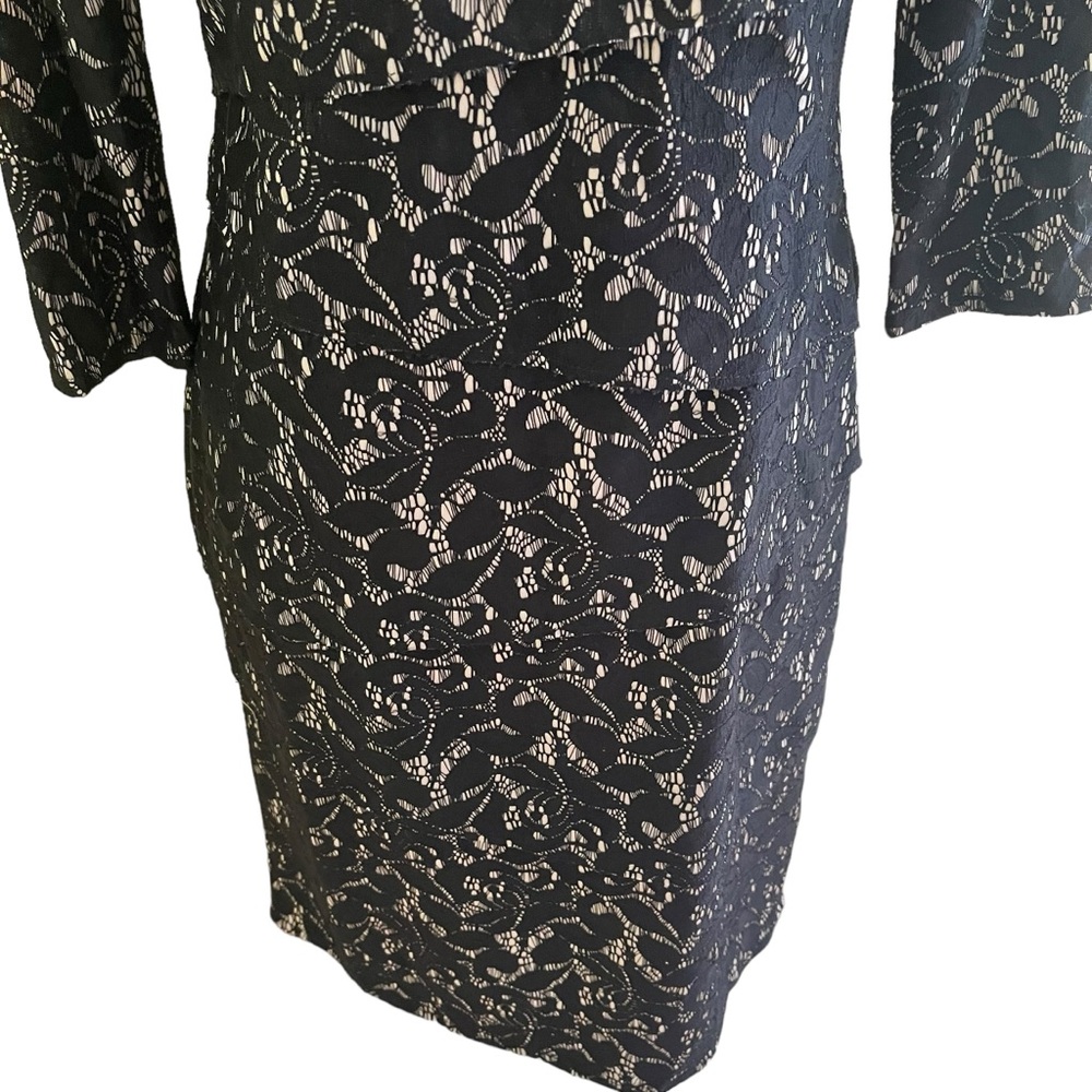 Tahari ASL Black Floral Lace with Cream Lining Tiered "Tracey" Sheath Dress - Picture 4 of 12